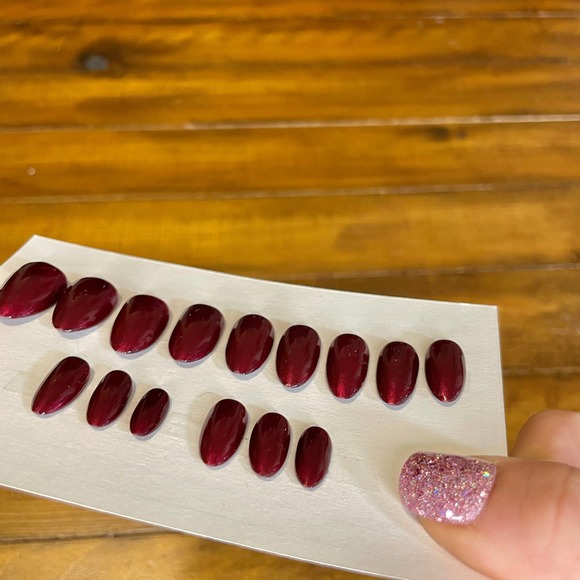 Red Shimmer Polished & Glazed Nails | Short Almond Press On Nails | Winter Mani - Picture 3 of 11